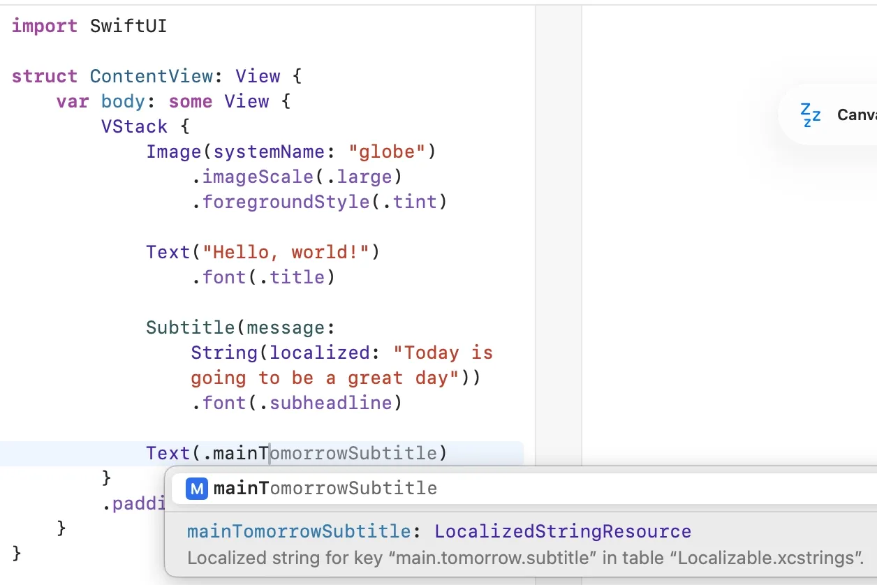 String catalog code completion